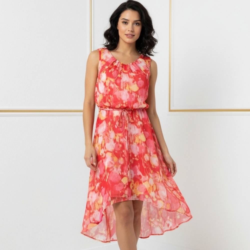 Tequila Sunrise Colored Chiffon Tie Waist High Low Sleeveless Dress size 12